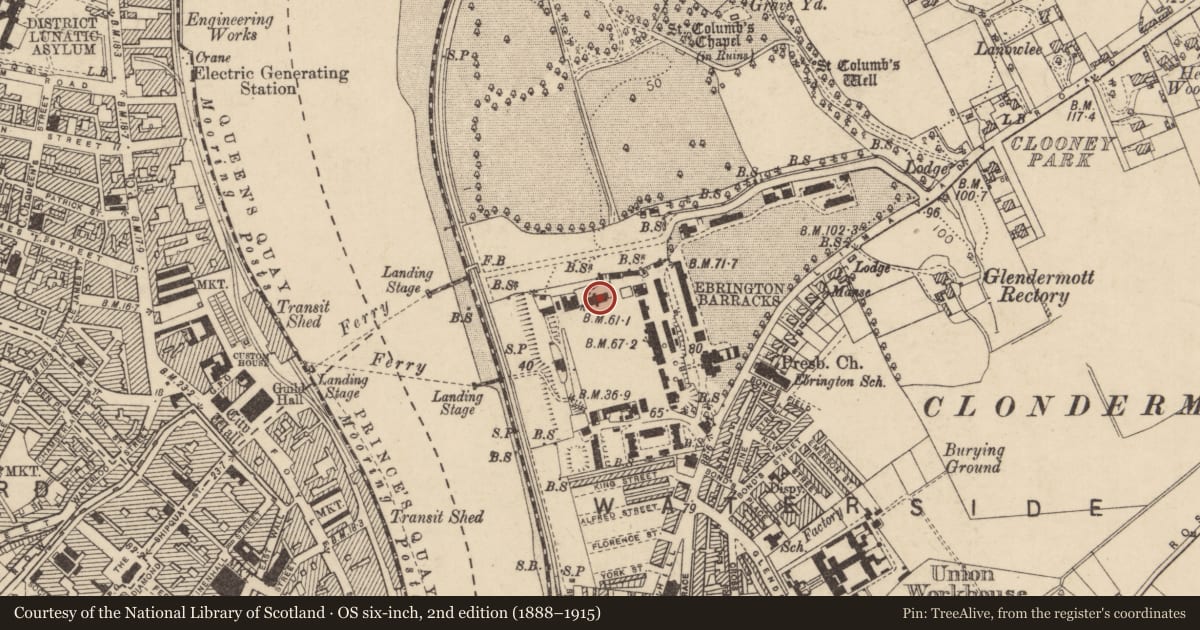 Ordnance Survey six-inch map, 2nd edition (1888–1915) covering the location of Building 49, Clooney, Derry City and Strabane, with a pin at the register's coordinates