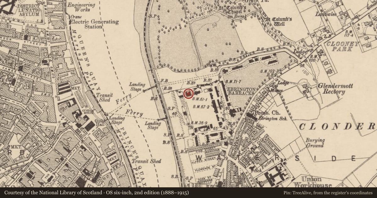 Ordnance Survey six-inch map, 2nd edition (1888–1915) covering the location of Building Number 45, 46, Clooney, Derry City and Strabane, with a pin at the register's coordinates