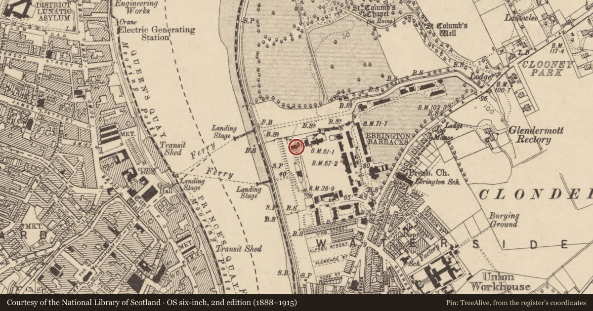 Ordnance Survey six-inch map, 2nd edition (1888–1915) covering the location of Building Number 40, Near north west bastion, Ebrington Barracks, Limavady Road, BT47 6HH, Derry City and Strabane, with a pin at the register's coordinates