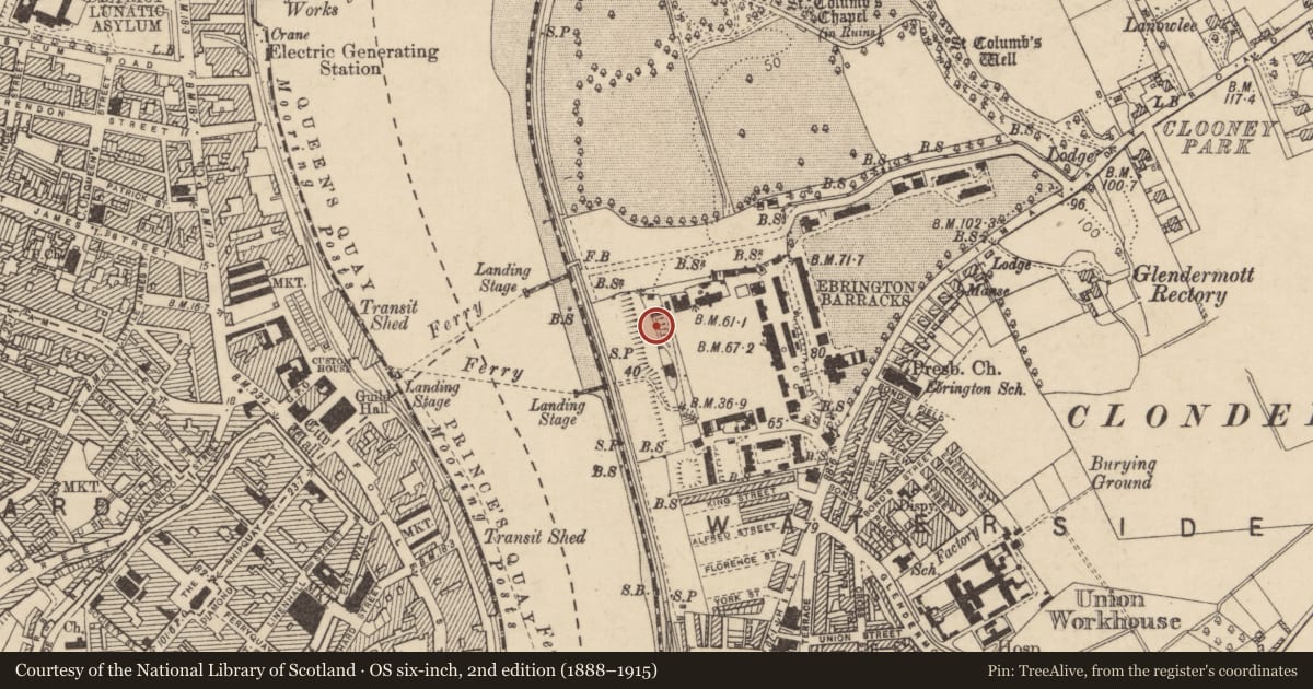Ordnance Survey six-inch map, 2nd edition (1888–1915) covering the location of Building 34, 35, 36, Clooney, Derry City and Strabane, with a pin at the register's coordinates