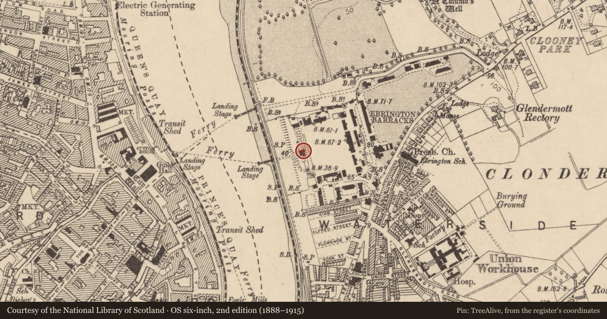 Ordnance Survey six-inch map, 2nd edition (1888–1915) covering the location of Western Fortifications, Clooney, Derry City and Strabane, with a pin at the register's coordinates