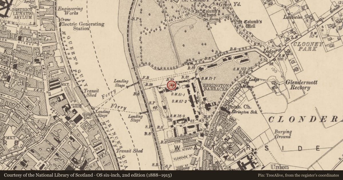 Ordnance Survey six-inch map, 2nd edition (1888–1915) covering the location of Northern Fortifications, Ebrington Barricks, Limavady Road, Londonderry BT47 6HH, Derry City and Strabane, with a pin at the register's coordinates