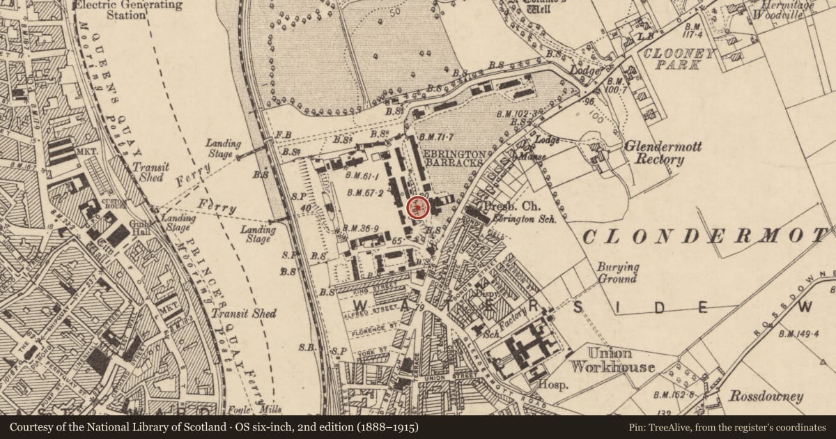 Ordnance Survey six-inch map, 2nd edition (1888–1915) covering the location of Eastern Fortifications of Star Fort, Ebrington Barricks, Limavady Road, Londonderry BT47 6HH, Derry City and Strabane, with a pin at the register's coordinates