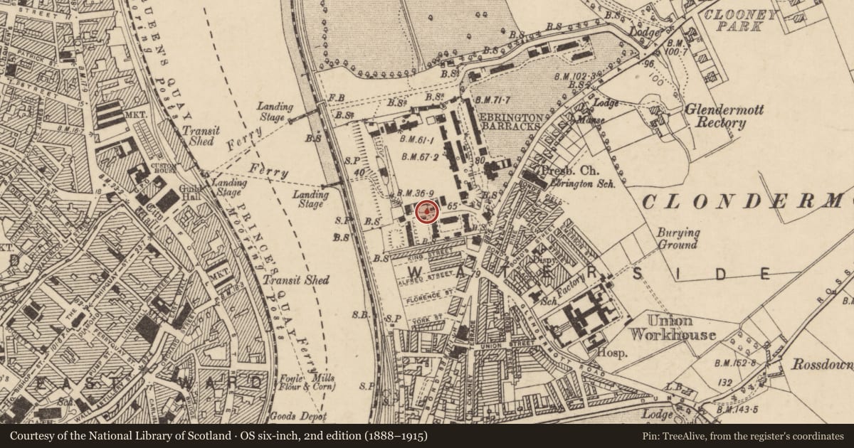 Ordnance Survey six-inch map, 2nd edition (1888–1915) covering the location of Southern Fortifications of 1841 fort, Ebrington Barracks, Limavady Road, Londonderry, BT47 6HH, Derry City and Strabane, with a pin at the register's coordinates