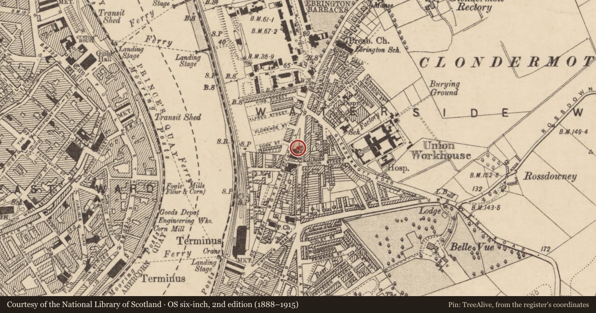 Ordnance Survey six-inch map, 2nd edition (1888–1915) covering the location of All Saints Clooney Parish Church, Derry City and Strabane, with a pin at the register's coordinates