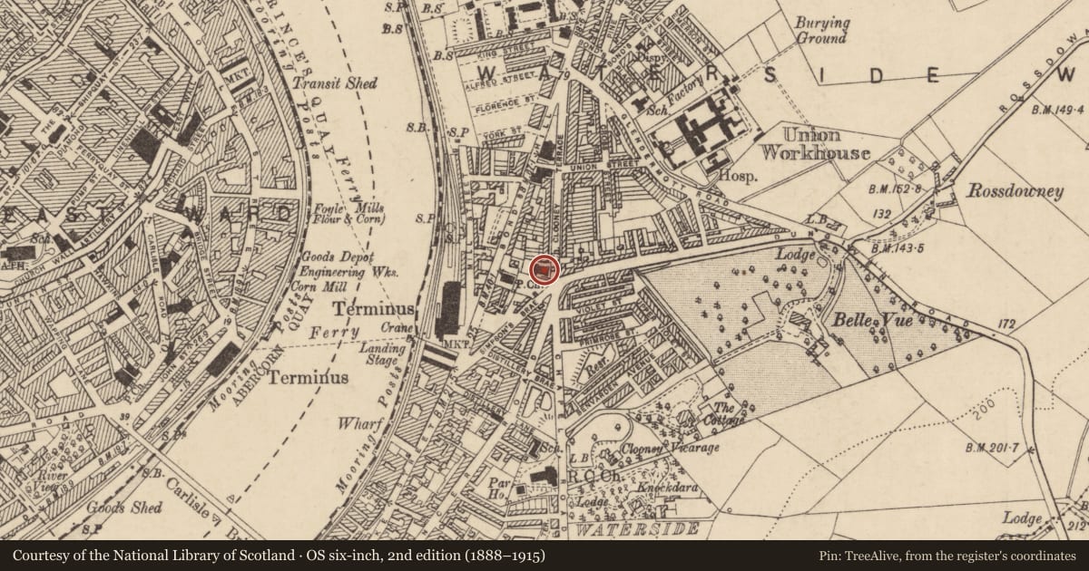 Ordnance Survey six-inch map, 2nd edition (1888–1915) covering the location of Waterside Presbyterian Church, Clooney, Derry City and Strabane, with a pin at the register's coordinates