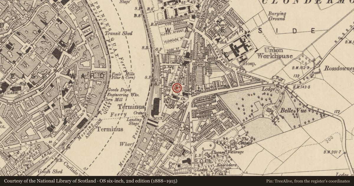 Ordnance Survey six-inch map, 2nd edition (1888–1915) covering the location of 9 Bond'S Hill, Clooney, Derry City and Strabane, with a pin at the register's coordinates
