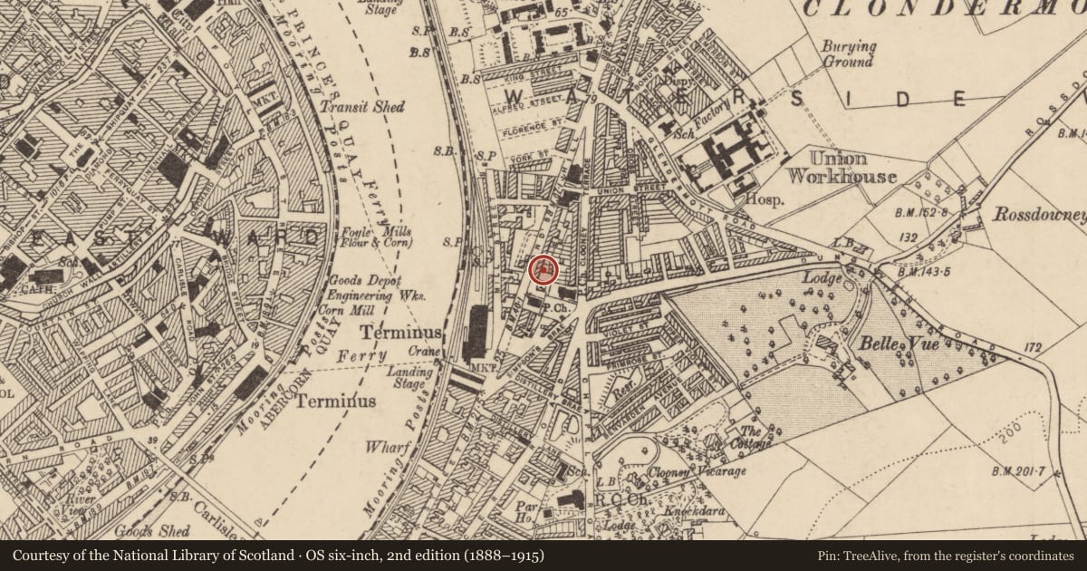 Ordnance Survey six-inch map, 2nd edition (1888–1915) covering the location of 10 Bond'S Hill, Clooney, Derry City and Strabane, with a pin at the register's coordinates