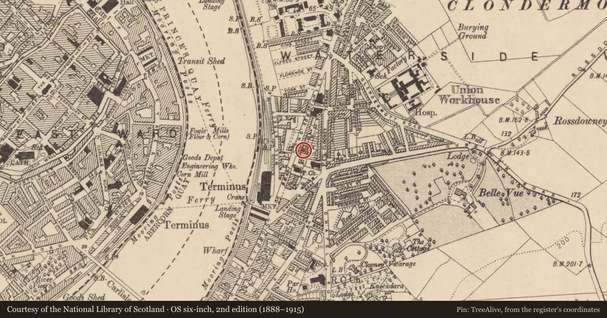 Ordnance Survey six-inch map, 2nd edition (1888–1915) covering the location of 11 Bond'S Hill, Clooney, Derry City and Strabane, with a pin at the register's coordinates