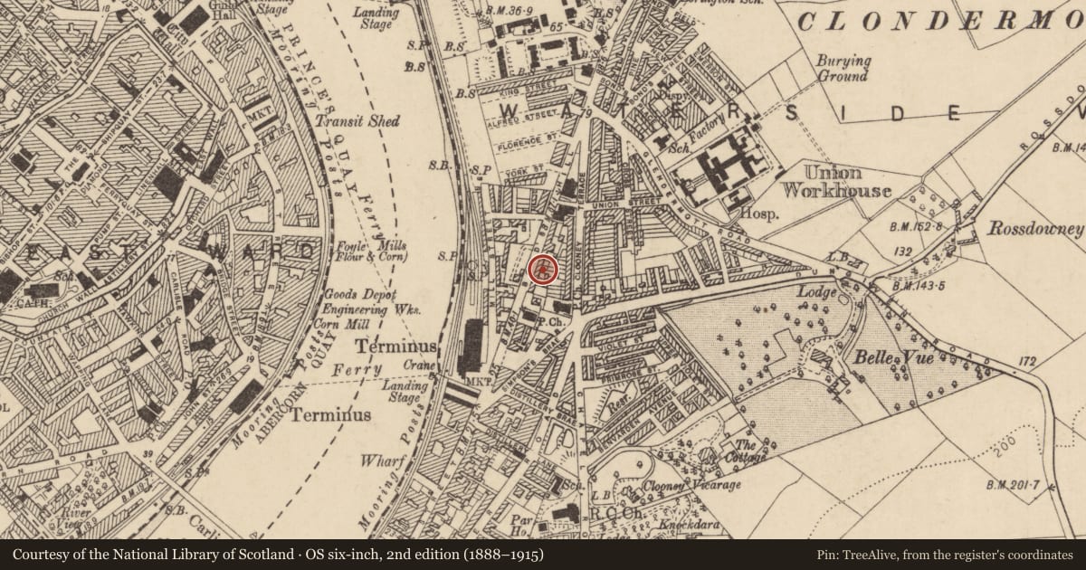 Ordnance Survey six-inch map, 2nd edition (1888–1915) covering the location of 14 Bond'S Hill, Clooney, Derry City and Strabane, with a pin at the register's coordinates