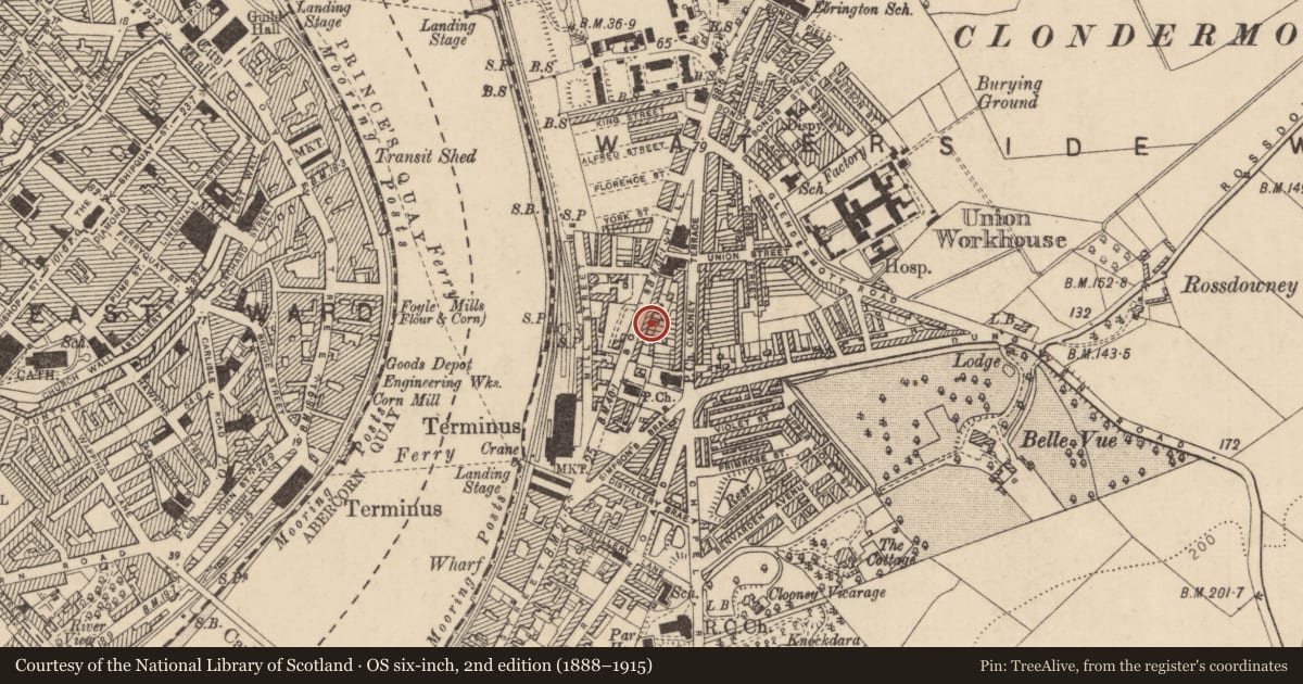 Ordnance Survey six-inch map, 2nd edition (1888–1915) covering the location of 15 Bond'S Hill, Clooney, Derry City and Strabane, with a pin at the register's coordinates