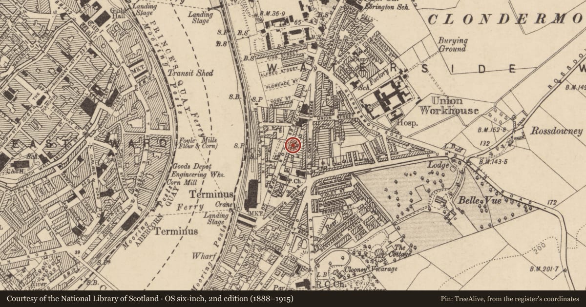 Ordnance Survey six-inch map, 2nd edition (1888–1915) covering the location of 16 Bond'S Hill, Clooney, Derry City and Strabane, with a pin at the register's coordinates