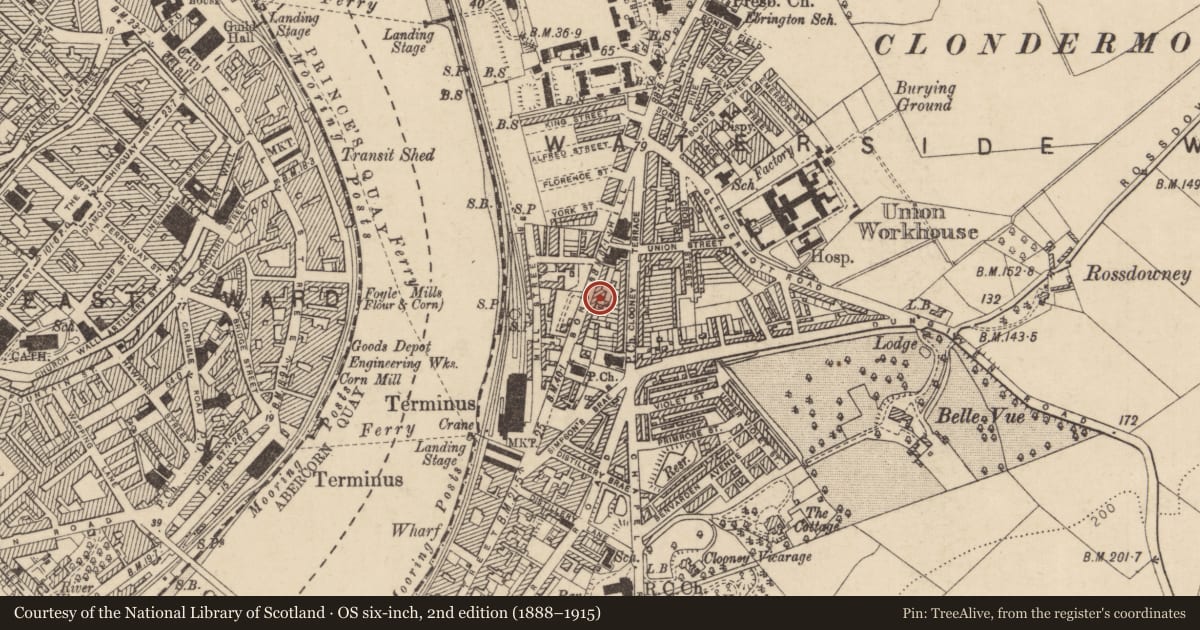 Ordnance Survey six-inch map, 2nd edition (1888–1915) covering the location of 17 Bond'S Hill, Clooney, Derry City and Strabane, with a pin at the register's coordinates