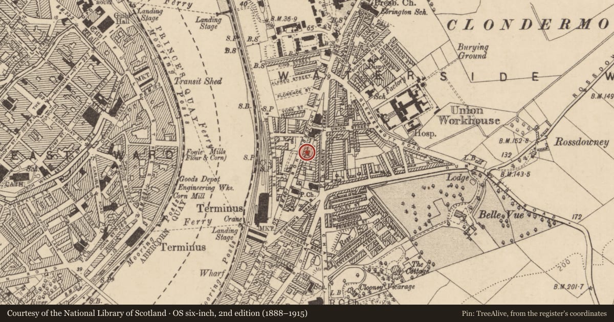 Ordnance Survey six-inch map, 2nd edition (1888–1915) covering the location of 18 Bond'S Hill, Clooney, Derry City and Strabane, with a pin at the register's coordinates