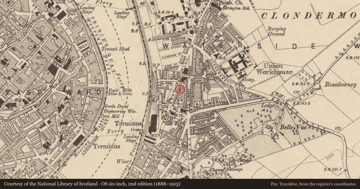 Ordnance Survey six-inch map, 2nd edition (1888–1915) covering the location of 19 Bond'S Hill, Clooney, Derry City and Strabane, with a pin at the register's coordinates