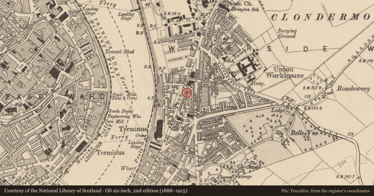 Ordnance Survey six-inch map, 2nd edition (1888–1915) covering the location of 20 Bond'S Hill, Clooney, Derry City and Strabane, with a pin at the register's coordinates