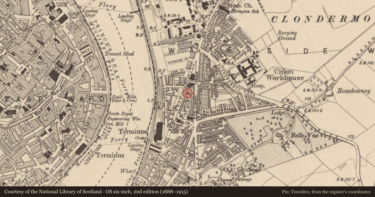 Ordnance Survey six-inch map, 2nd edition (1888–1915) covering the location of 21 Bond'S Hill, Clooney, Derry City and Strabane, with a pin at the register's coordinates