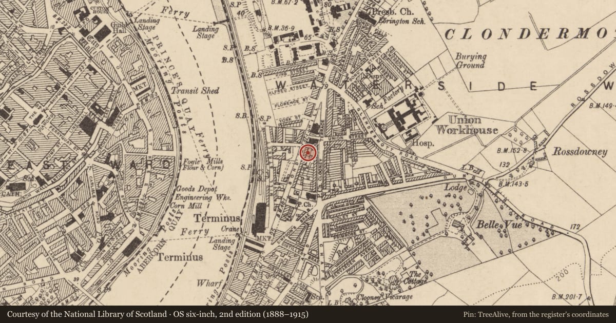 Ordnance Survey six-inch map, 2nd edition (1888–1915) covering the location of 22 Bond'S Hill, Clooney, Derry City and Strabane, with a pin at the register's coordinates
