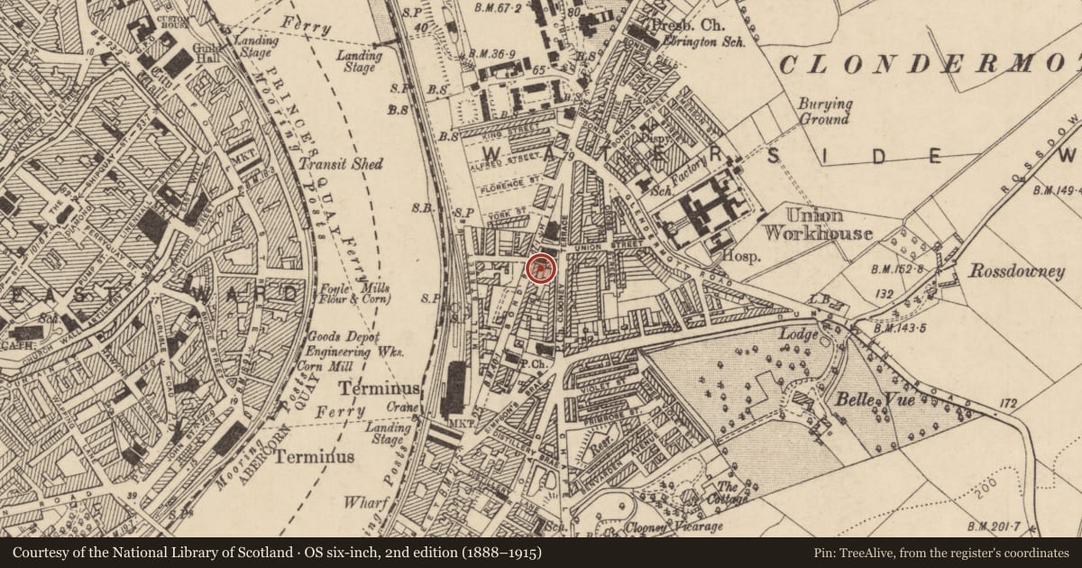 Ordnance Survey six-inch map, 2nd edition (1888–1915) covering the location of 23 Bond'S Hill, Clooney, Derry City and Strabane, with a pin at the register's coordinates