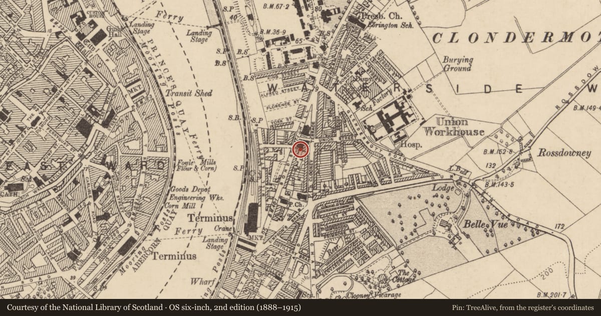 Ordnance Survey six-inch map, 2nd edition (1888–1915) covering the location of 24 Bond'S Hill, Clooney, Derry City and Strabane, with a pin at the register's coordinates