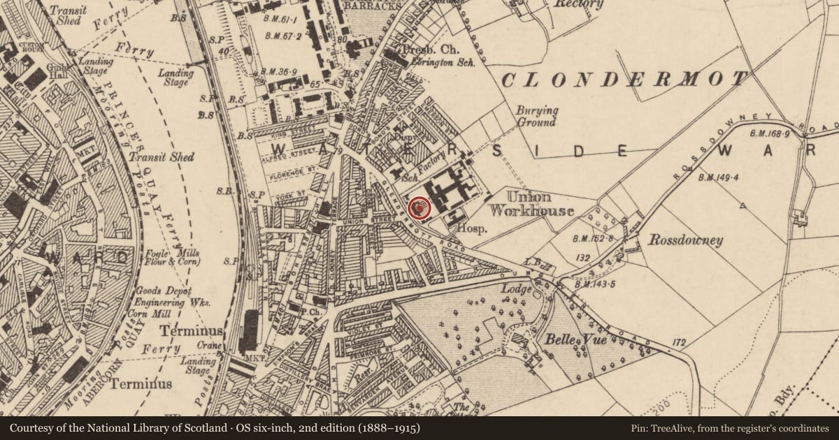 Ordnance Survey six-inch map, 2nd edition (1888–1915) covering the location of Admissions Building To The Former Londonderry Workhouse, Clooney, Derry City and Strabane, with a pin at the register's coordinates