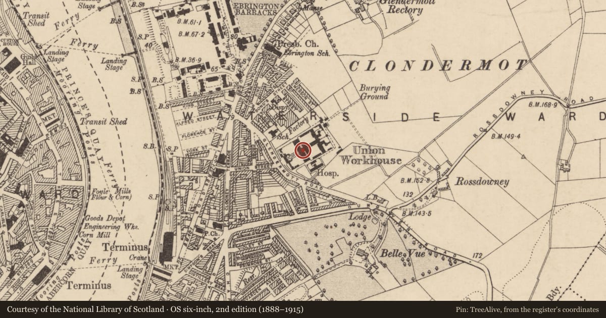 Ordnance Survey six-inch map, 2nd edition (1888–1915) covering the location of Londondery Workhouse, Clooney, Derry City and Strabane, with a pin at the register's coordinates