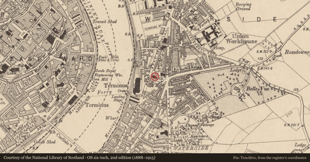 Ordnance Survey six-inch map, 2nd edition (1888–1915) covering the location of Tower Hall, 8 Bond's Hill, Londonderry, BT47 6DW, Derry City and Strabane, with a pin at the register's coordinates