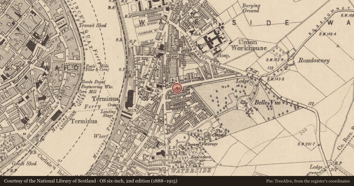 Ordnance Survey six-inch map, 2nd edition (1888–1915) covering the location of Boundary Post beside 14 Dungiven Road Londonderry BT47 6BW, Clooney, Derry City and Strabane, with a pin at the register's coordinates