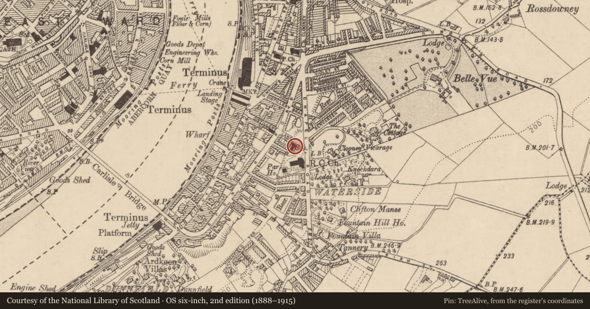 Ordnance Survey six-inch map, 2nd edition (1888–1915) covering the location of Former Girls School, Clooney, Derry City and Strabane, with a pin at the register's coordinates