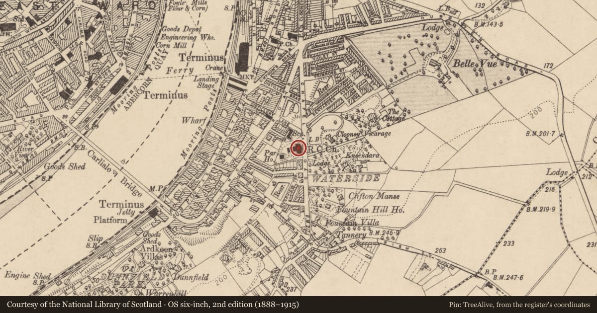 Ordnance Survey six-inch map, 2nd edition (1888–1915) covering the location of St Columb’s R C Church, Clooney, Derry City and Strabane, with a pin at the register's coordinates
