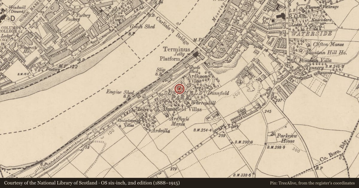 Ordnance Survey six-inch map, 2nd edition (1888–1915) covering the location of 2 Victoria Park, Gobnascale, Derry City and Strabane, with a pin at the register's coordinates