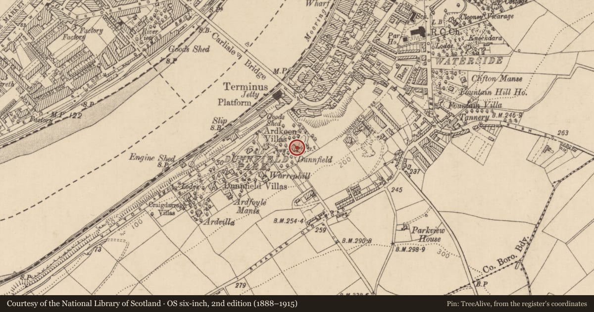 Ordnance Survey six-inch map, 2nd edition (1888–1915) covering the location of 5 Victoria Park, Gobnascale, Derry City and Strabane, with a pin at the register's coordinates