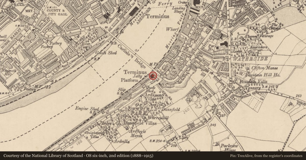 Ordnance Survey six-inch map, 2nd edition (1888–1915) covering the location of Bargain Bottle, Gobnascale, Derry City and Strabane, with a pin at the register's coordinates