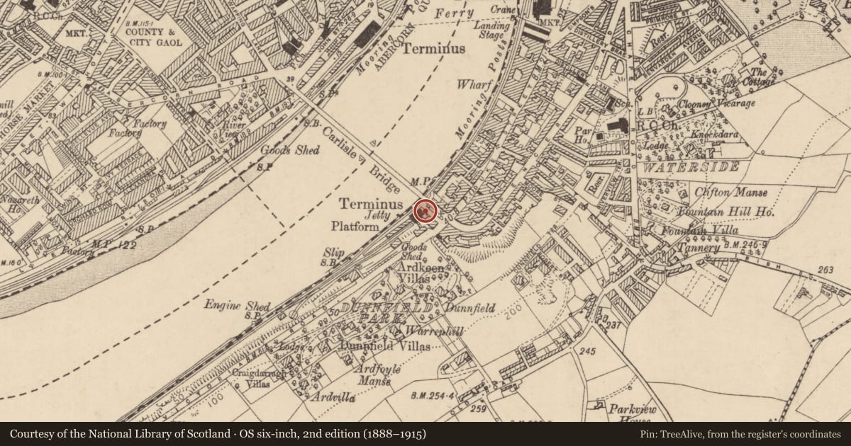 Ordnance Survey six-inch map, 2nd edition (1888–1915) covering the location of 1 Victoria Road, Gobnascale, Derry City and Strabane, with a pin at the register's coordinates