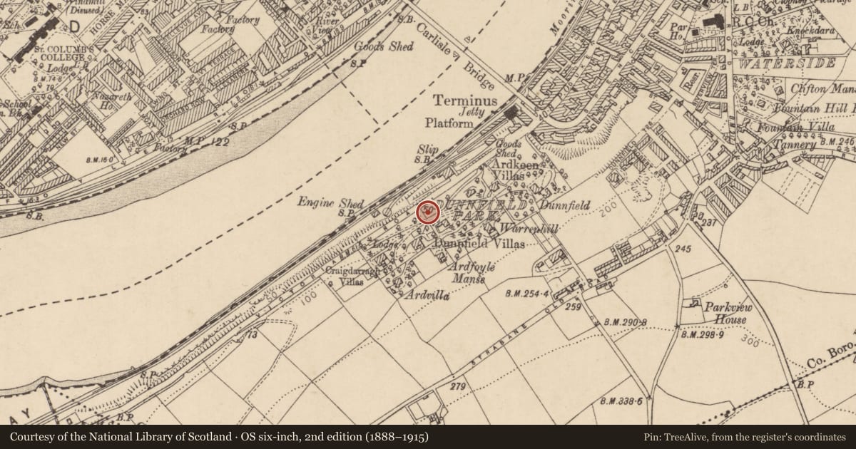 Ordnance Survey six-inch map, 2nd edition (1888–1915) covering the location of 11 Victoria Park, Gobnascale, Derry City and Strabane, with a pin at the register's coordinates