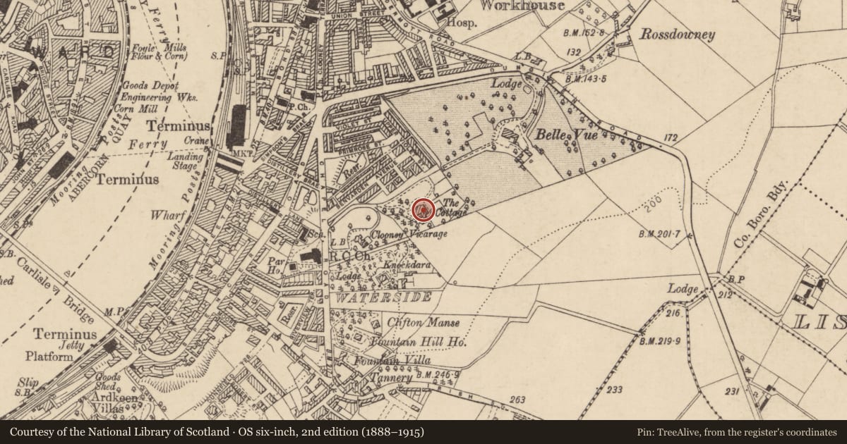 Ordnance Survey six-inch map, 2nd edition (1888–1915) covering the location of 14A Dervock Place, Clooney, Derry City and Strabane, with a pin at the register's coordinates
