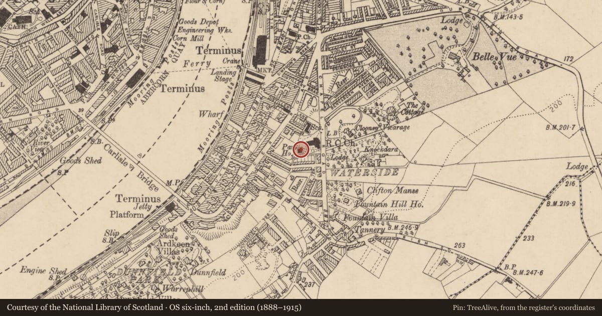 Ordnance Survey six-inch map, 2nd edition (1888–1915) covering the location of 32 Chapel Road, Clooney, Derry City and Strabane, with a pin at the register's coordinates