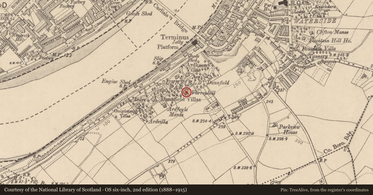 Ordnance Survey six-inch map, 2nd edition (1888–1915) covering the location of 6 Victoria Park, Gobnascale, Derry City and Strabane, with a pin at the register's coordinates