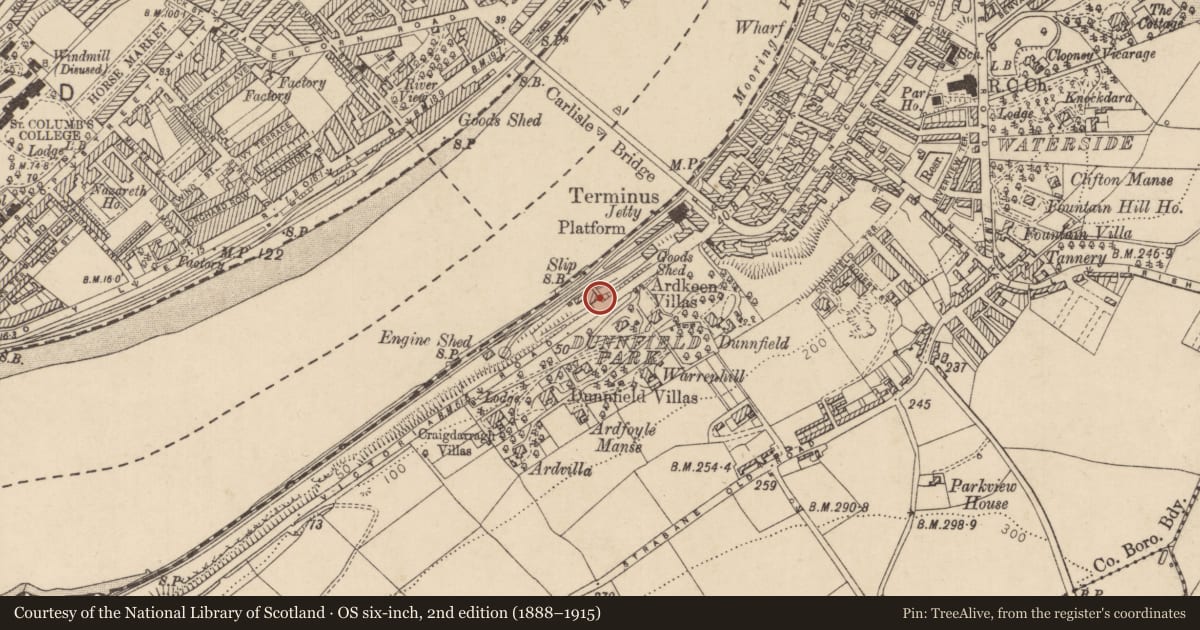 Ordnance Survey six-inch map, 2nd edition (1888–1915) covering the location of 8-10 Victoria Road, Gobnascale, Derry City and Strabane, with a pin at the register's coordinates