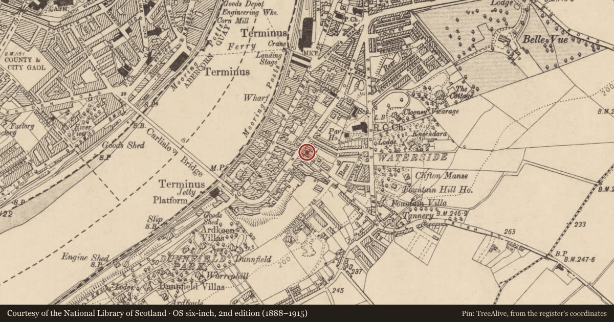 Ordnance Survey six-inch map, 2nd edition (1888–1915) covering the location of 27 Fountain Hill, Clooney, Derry City and Strabane, with a pin at the register's coordinates