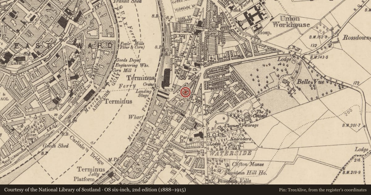 Ordnance Survey six-inch map, 2nd edition (1888–1915) covering the location of 2 Distillery Brae, Clooney, Derry City and Strabane, with a pin at the register's coordinates