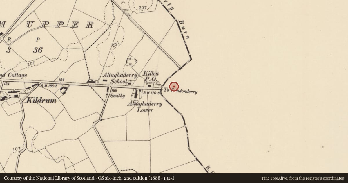 Ordnance Survey six-inch map, 2nd edition (1888–1915) covering the location of Killea Cottage, Derry City and Strabane, with a pin at the register's coordinates