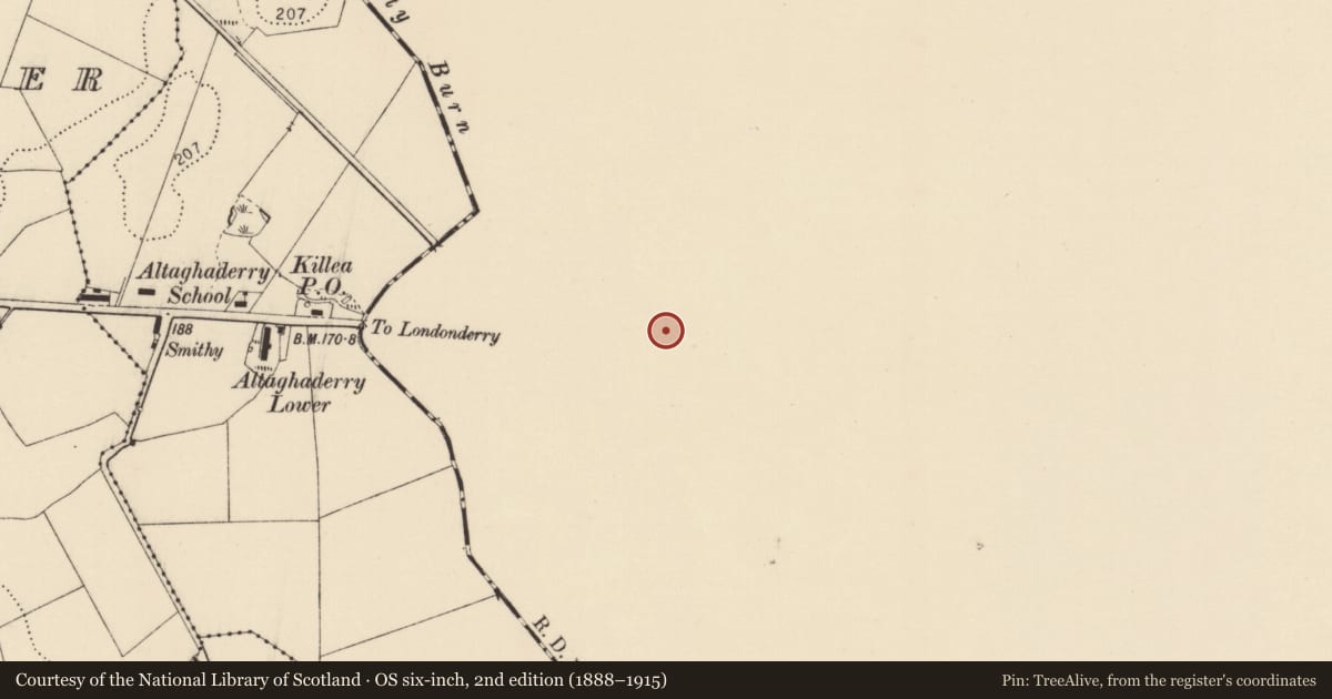 Ordnance Survey six-inch map, 2nd edition (1888–1915) covering the location of Truscot Lodge, Killea, Derry City and Strabane, with a pin at the register's coordinates