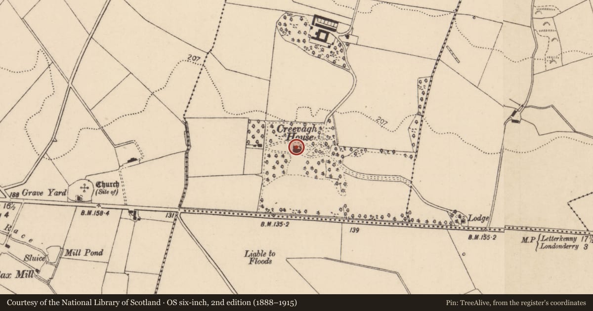 Ordnance Survey six-inch map, 2nd edition (1888–1915) covering the location of Creevagh House, Creevagh Upper, Derry City and Strabane, with a pin at the register's coordinates