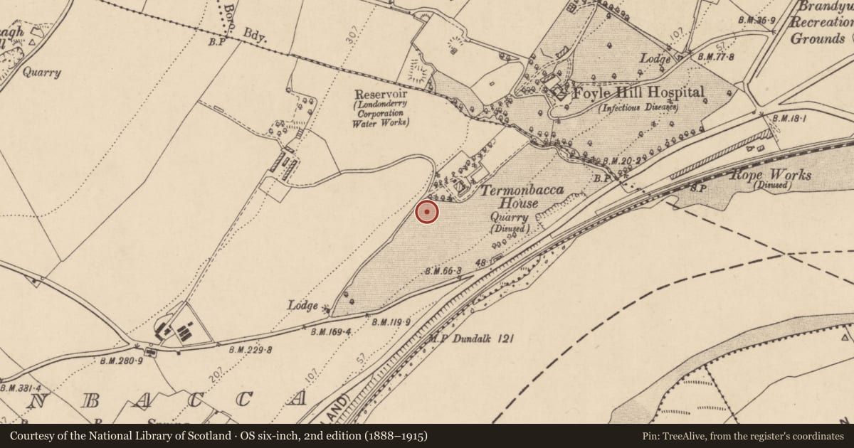 Ordnance Survey six-inch map, 2nd edition (1888–1915) covering the location of Nazareth Lodge, Derry City and Strabane, with a pin at the register's coordinates