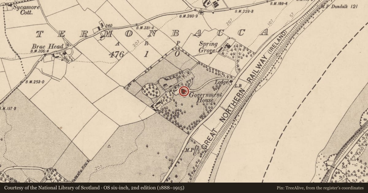Ordnance Survey six-inch map, 2nd edition (1888–1915) covering the location of Government House, Termonbacca, Derry City and Strabane, with a pin at the register's coordinates
