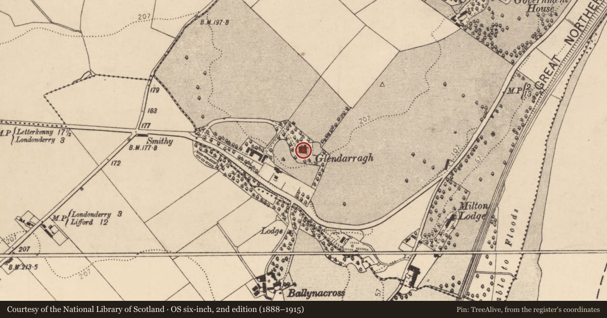 Ordnance Survey six-inch map, 2nd edition (1888–1915) covering the location of Glendarragh, Derry City and Strabane, with a pin at the register's coordinates