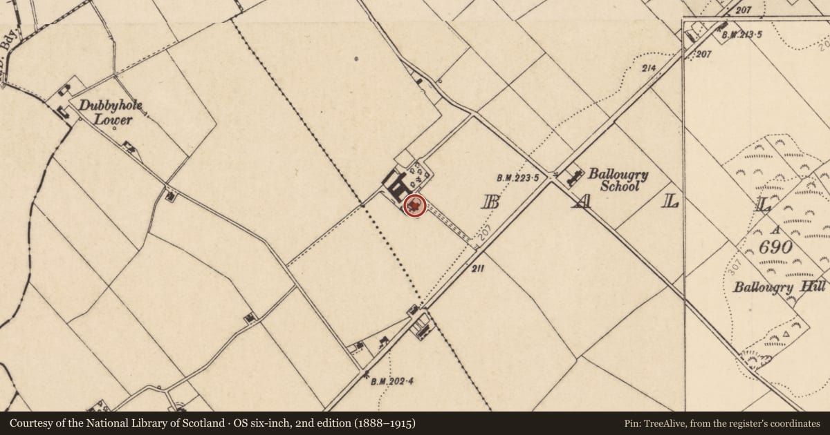Ordnance Survey six-inch map, 2nd edition (1888–1915) covering the location of Windmill Farm, Balloughery, Derry City and Strabane, with a pin at the register's coordinates