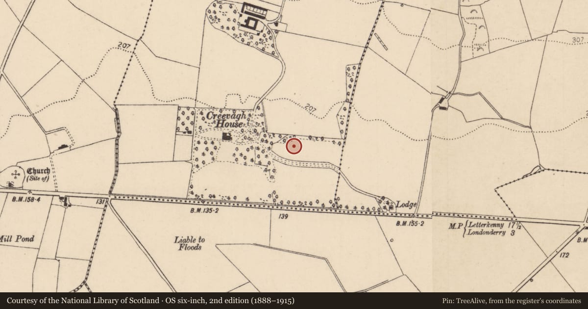 Ordnance Survey six-inch map, 2nd edition (1888–1915) covering the location of House at Creevagh, Derry City and Strabane, with a pin at the register's coordinates