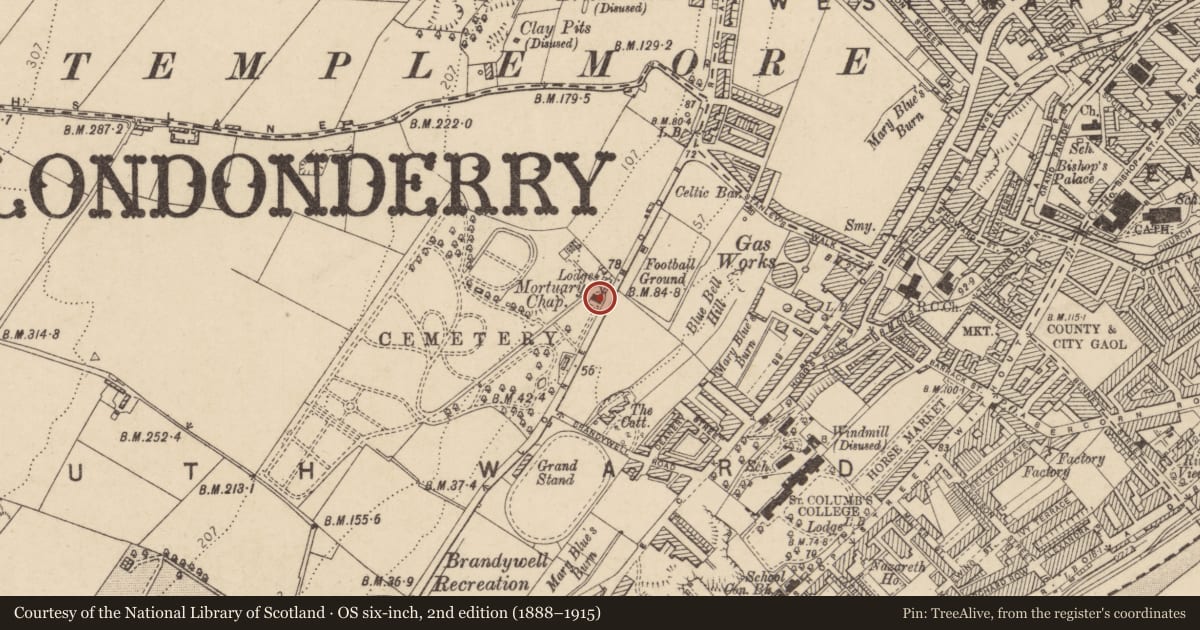 Ordnance Survey six-inch map, 2nd edition (1888–1915) covering the location of Mortuary Chapel, Ballymagowan, Derry City and Strabane, with a pin at the register's coordinates